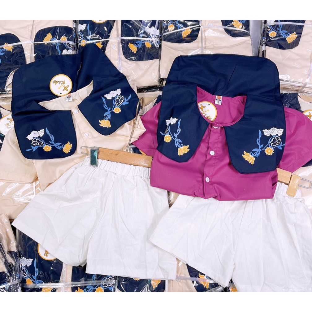 Bộ cộc tay bé gái, bộ size đại cổ than thêu hoa phong cách hàn quốc cho bé (20-40kg)