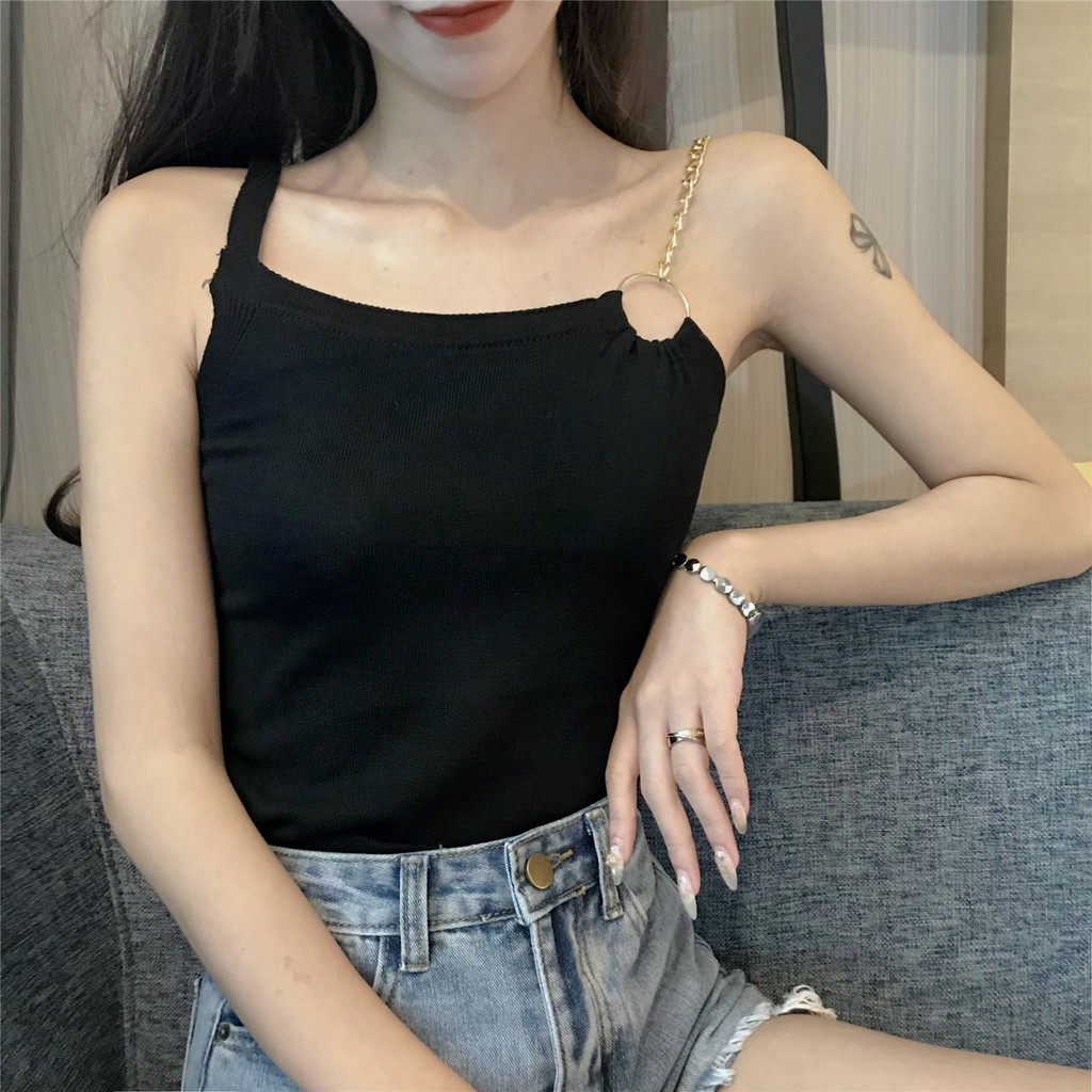 Áo Hai Dây Trơn Màu Phối Dây Xích Kim Loại Xinh Xắn Dành Cho Nữ | BigBuy360 - bigbuy360.vn