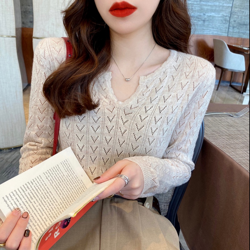 Áo dệt kim ZHELIHANGFEI tay dài cổ chữ V khoét sâu phong cách gợi cảm thời trang cho nữ