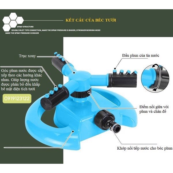 Đầu tưới 3 cánh xoay 360° Chân đế hình mặt trăng Lắp nối nhanh 16