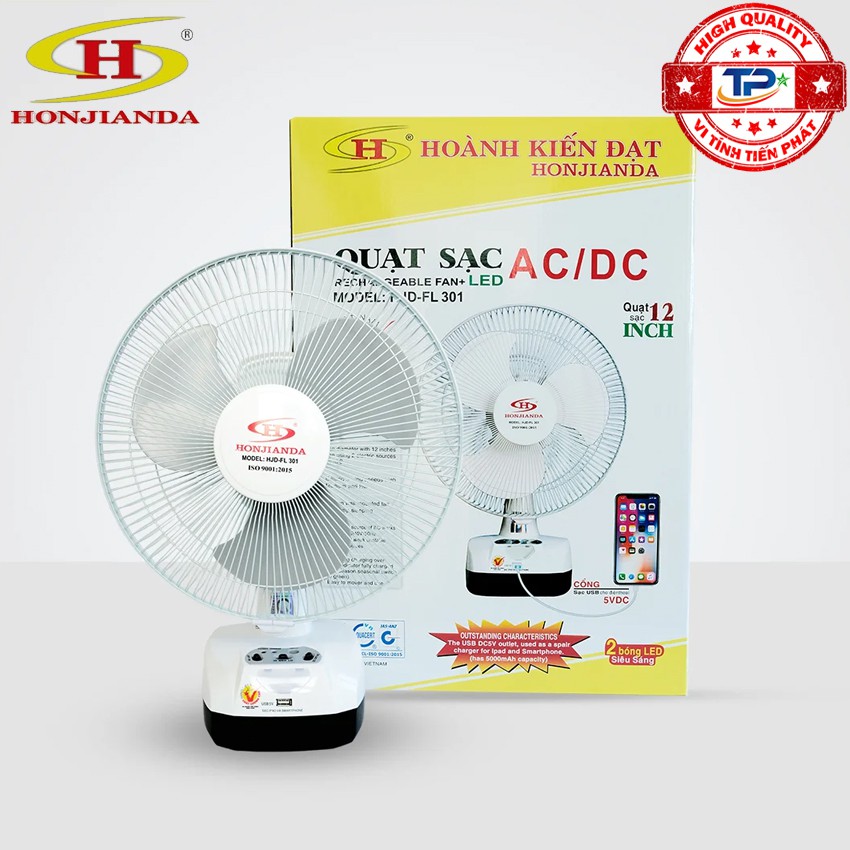 Quạt Sạc và Đèn Sạc Dự Phòng có cổng sạc USB 5V Honjianda HJD-FL301 Led nguồn AC/DC - Loại 1 bình sạc