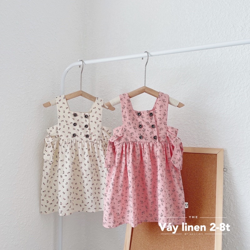 Váy Linen Hồng Cổ Vuông Kèm Khuy Ngực Cài Cúc Thắt Nơ Xinh Xắn NIAKI - TT04