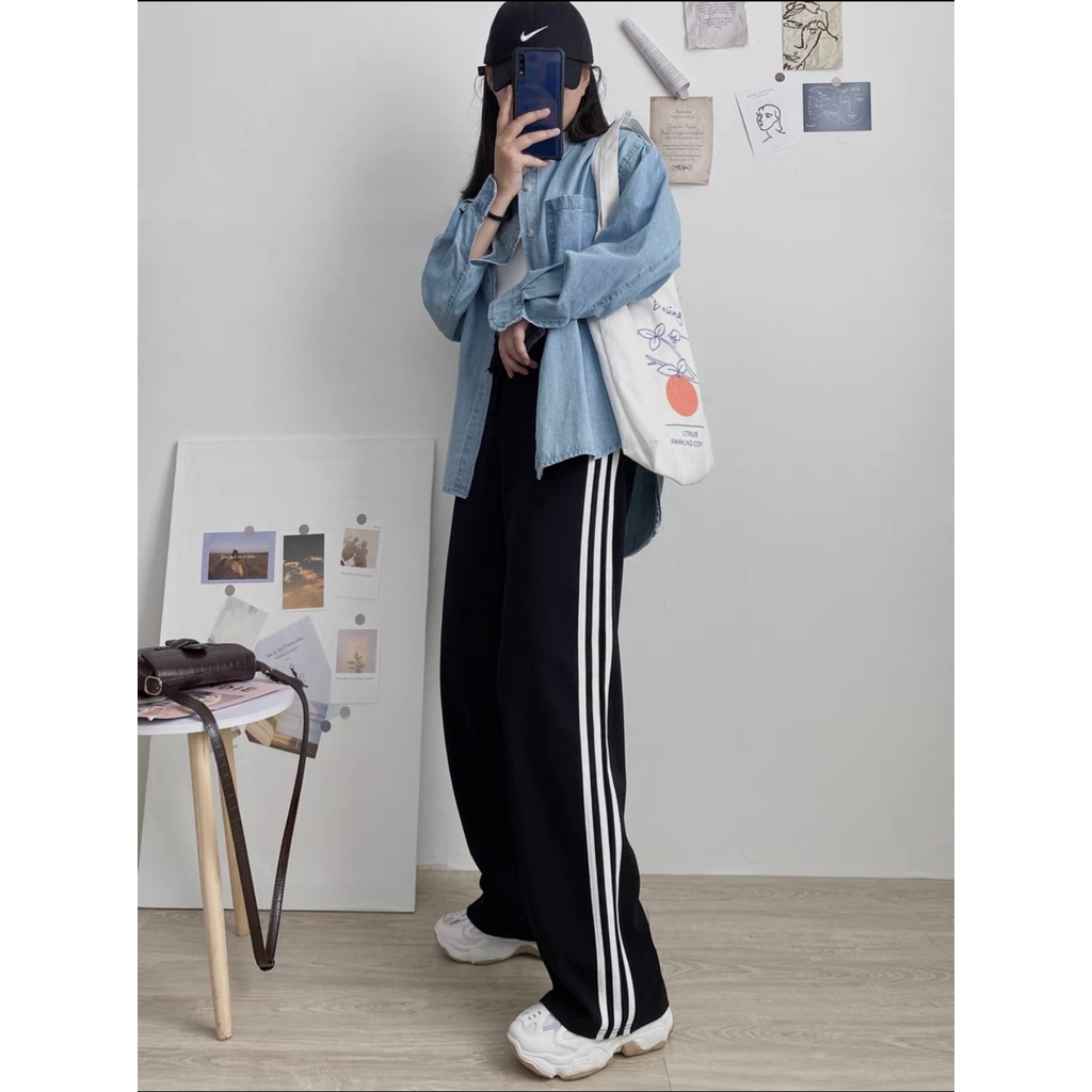 Quần thể thao nữ Jogger ống rộng dây rút cạp chun màu đen đi học sinh Quần ống rộng nữ 3 sọc suông dài trắng vải UMÌ hàn