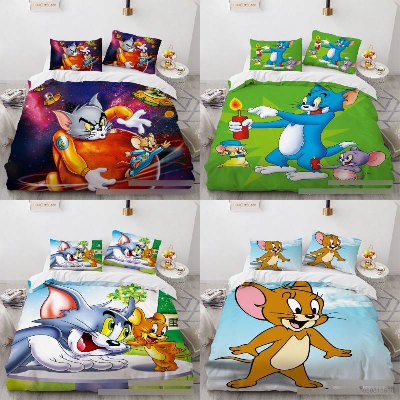 Bộ Ga Trải Giường Vỏ Chăn Gối 3 Trong 1 In Hình Tom & Jerry Giặt Được Thoải Mái Cho Bé 1 Tuổi