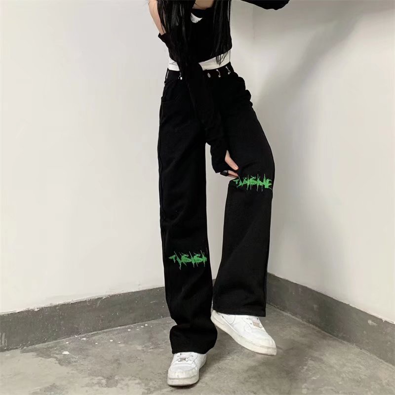 Quần Jeans Ống Rộng In Chữ Phong Cách hip hop Cho Nam
