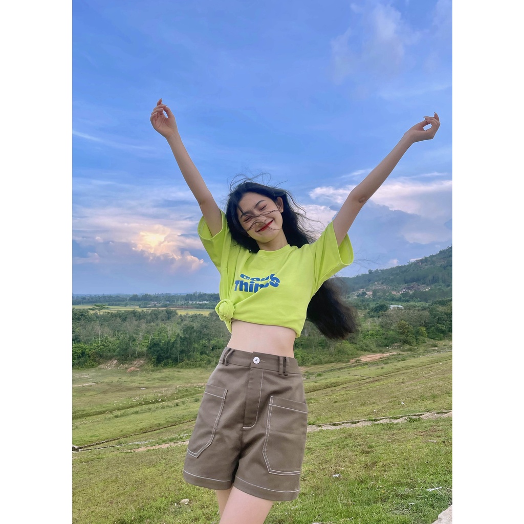 Áo thun cotton nữ form rộng in chữ Good Things thời trang GAGO màu xanh neon GA3918