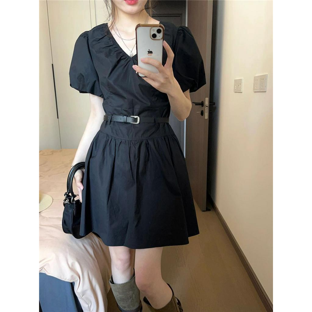 Đầm Đen Cổ Chữ V Eo Cao Dáng Ôm Có Thắt Lưng Thời Trang 63849