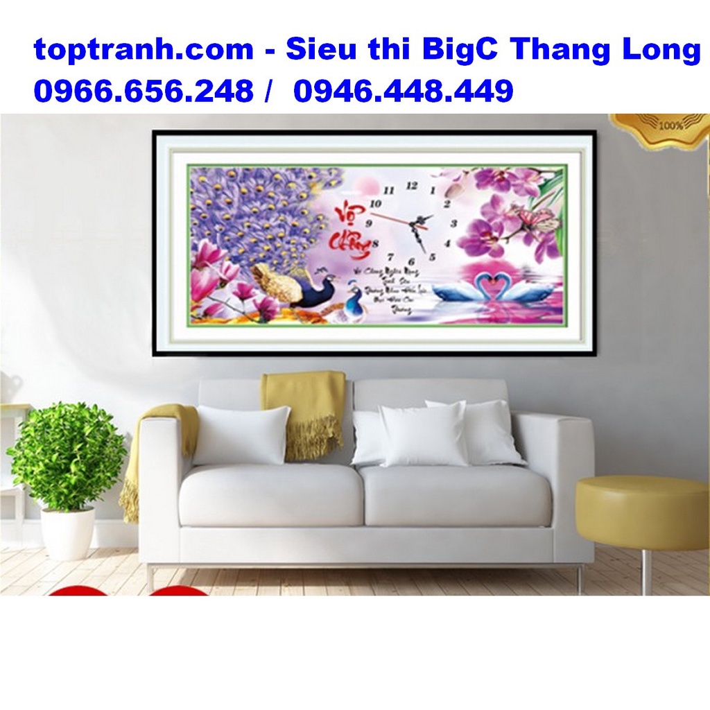 Tranh thêu chữ thập đồng hồ vợ chồng con công màu tím 88955 chưa thêu