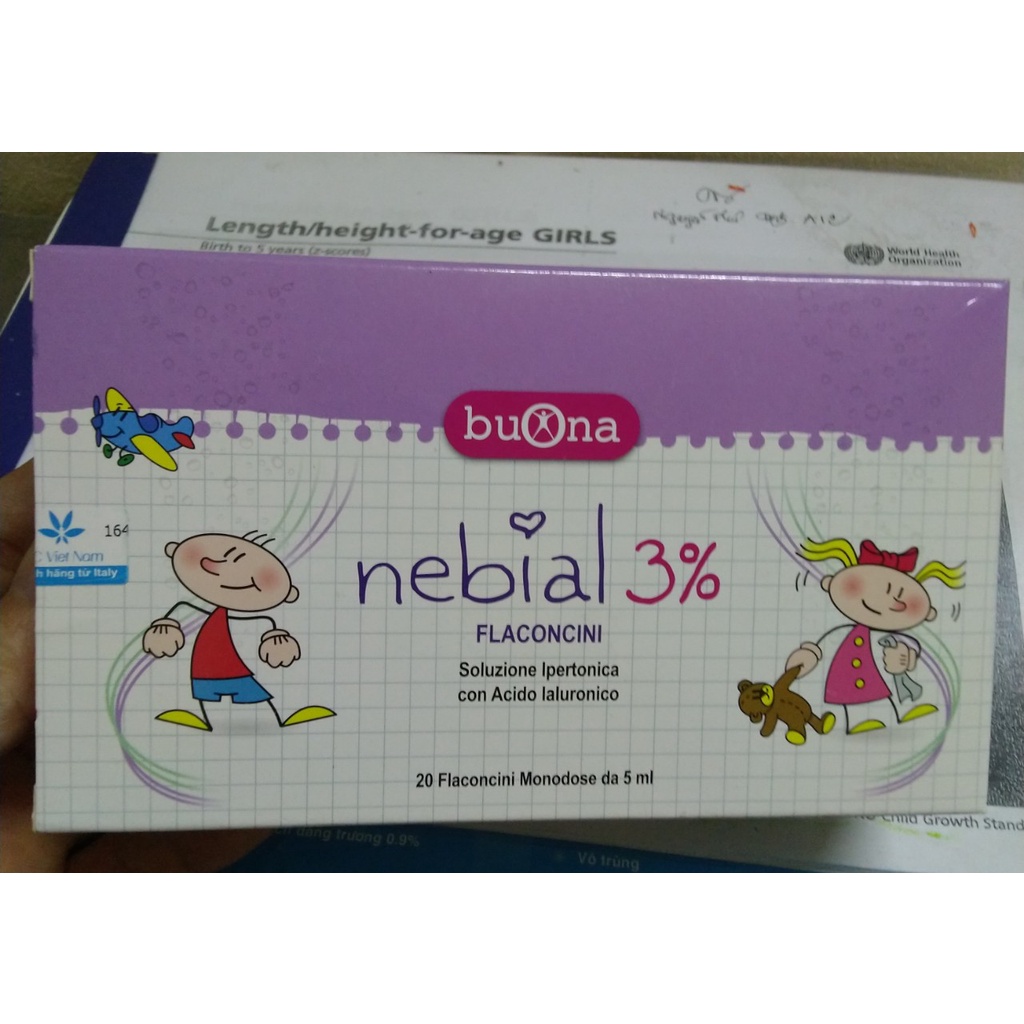 Nước muối nhỏ mũi Nebial 3% từ Buona Italia, giúp giảm nghẹt mũi, chảy mũi,làm sạch dịch nhầy mũi