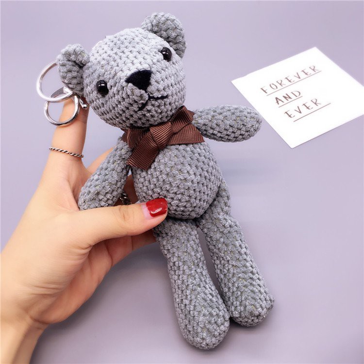 Gấu bông Teddy đan len, gấu teddy bông 18cm quà tặng nhồi bông, phụ kiện trang trí (Hồng/Xám)