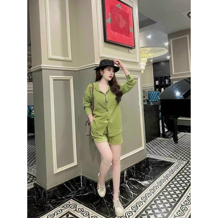 Set đùi đũi 3 món áo sơ mi đũi + áo 2 dây + quần đùi lưng chun cao cấp thời trang thiết kế phù hợp mọi phong cách