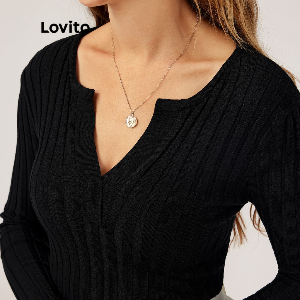 Lovito Áo len dệt kim dài tay cổ chữ V trơn thường L21LT113 (Đen)