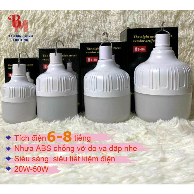 Bóng Đèn Led Tích Điện 20W-30W-40W-50W Chiếu Sáng 6-8h Siêu Tiết Kiệm Điện Có Móc Treo Không Dây Thuận Tiện