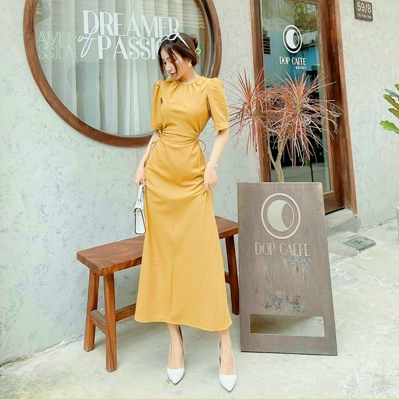 Đầm tiểu thư khoét eo dây rút dạo phố dự tiệc sang trọng