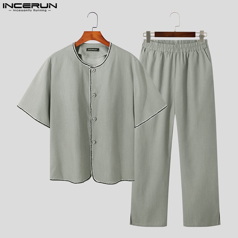 Set đồ INCERUN gồm áo sơ mi ngắn tay và quần baggy dài màu trơn thời trang cho nam