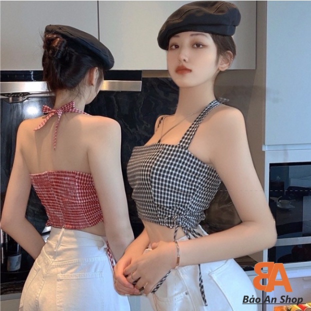 Áo croptop nữ kiểu cột nơ rút dây ca rô siêu hót (có mút ngực)