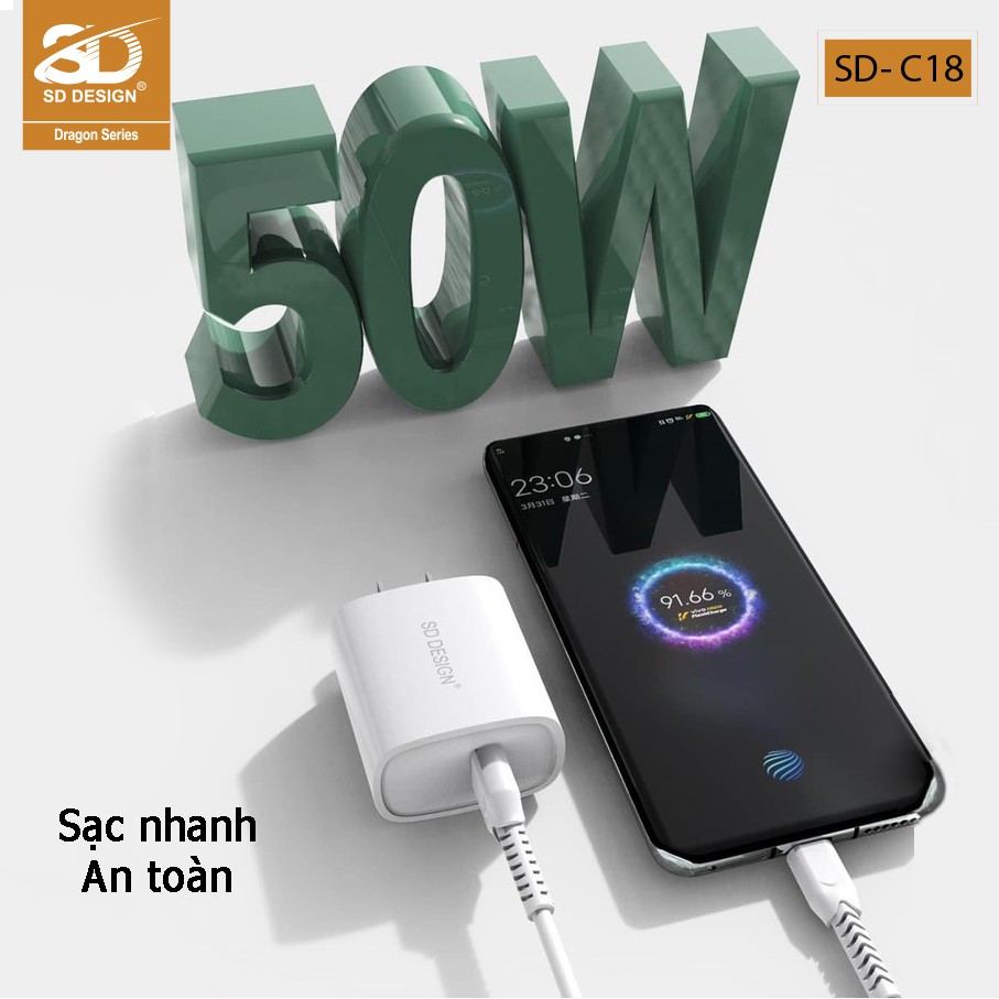 Củ sạc chính hãng SD DESIGN C18 tương thích tất cả các thiết bị di động : iphone, samsung, oppo. Bảo hành 1 đổi 1