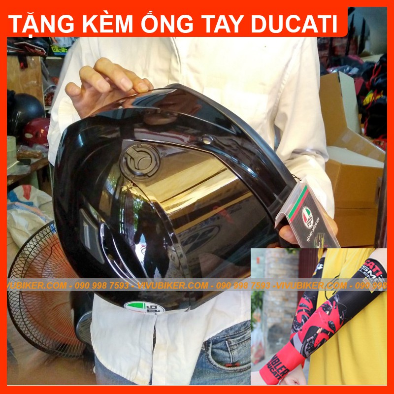 Combo nón bảo hiểm AGU đen bóng kèm đuôi gió Pista tặng kèm ống tay chống nắng DUCATI - Mũ bảo hiểm AGV đen bóng