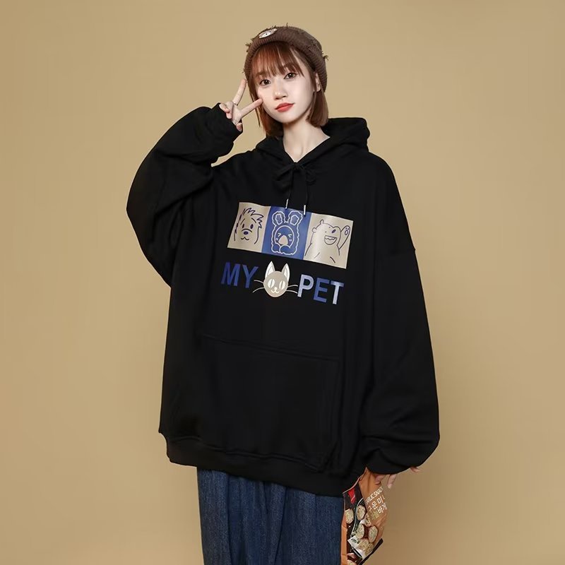 IELGY     Áo Hoodie Dáng Rộng In Họa Tiết Hoạt Hình Phong Cách Hàn Quốc Cho Nữ