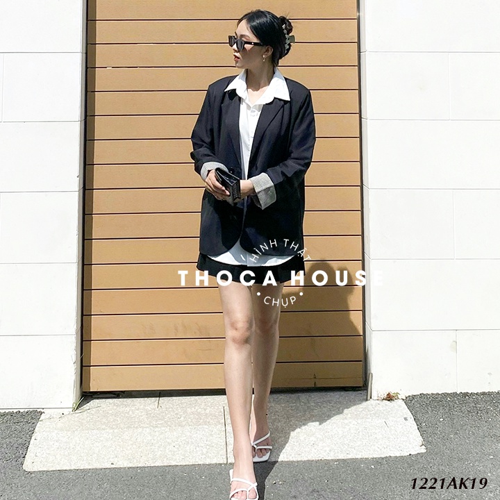 Áo blazer khoác vest 2 lớp dày dặn trơn kiểu tay áo caro THOCA HOUSE đen, nude thanh lịch