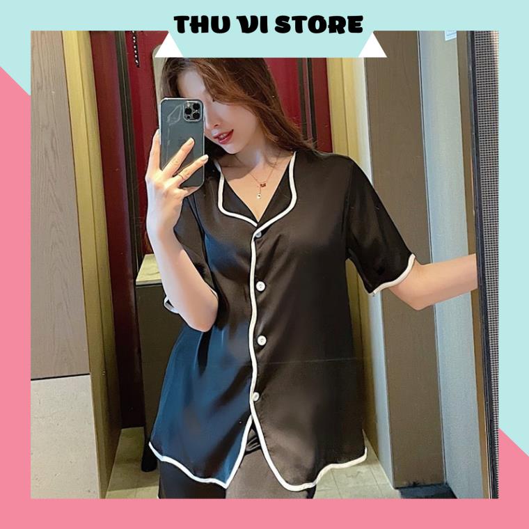 Đồ Bộ Nữ, Bộ Pijama Lụa Áo Nữ Cổ Lật Quần Cọc Viền Gợn Sóng Chất Lụa Satin 3 Màu Hồng, Đen, Trắng Form Dáng Rộng Dưới 60 | BigBuy360 - bigbuy360.vn
