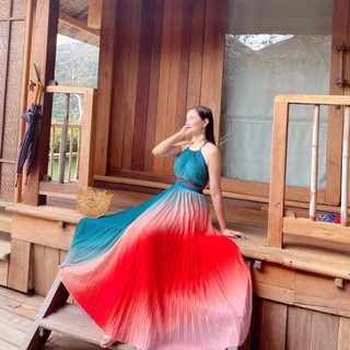  Đầm maxi đi biển dập ly cổ yếm hàng có sẵn