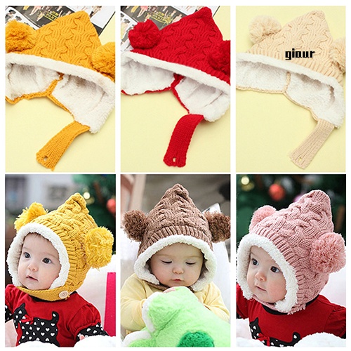 Nón len giữ ấm đính quả bông dễ thương cho bé