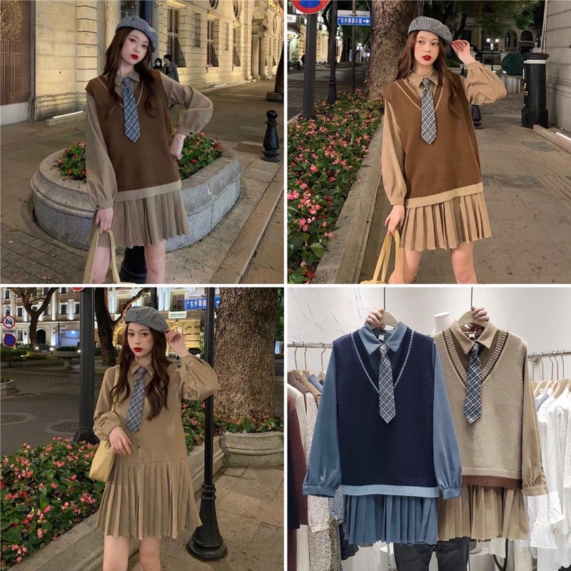 Set váy 3 món kèm gile caravat Ulzzang style Hàng Quảng Châu