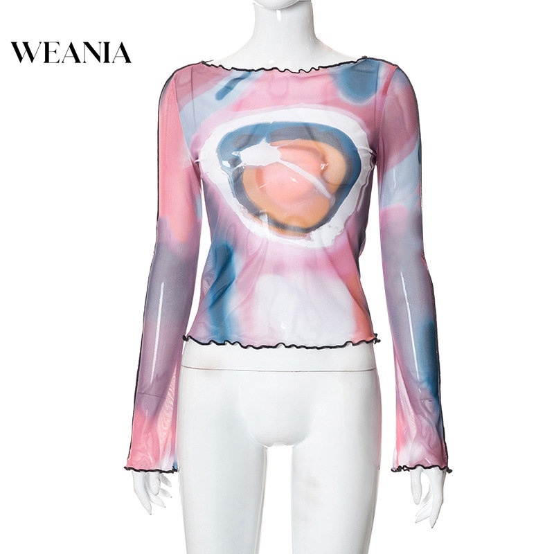 Áo Thun Tay Dài In Họa Tiết Phối Lưới Thời Trang Trẻ Trung