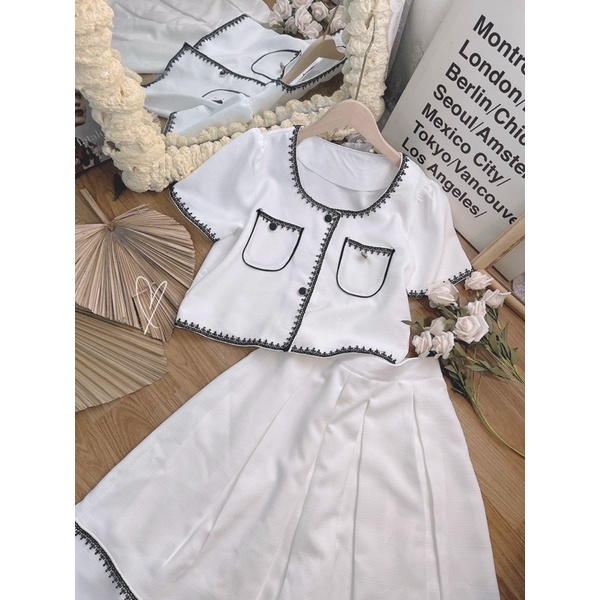 Set áo crop cv midi viền ren