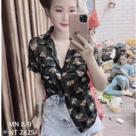 Áo sơ mi con ong phối 2 túi tay ngắn