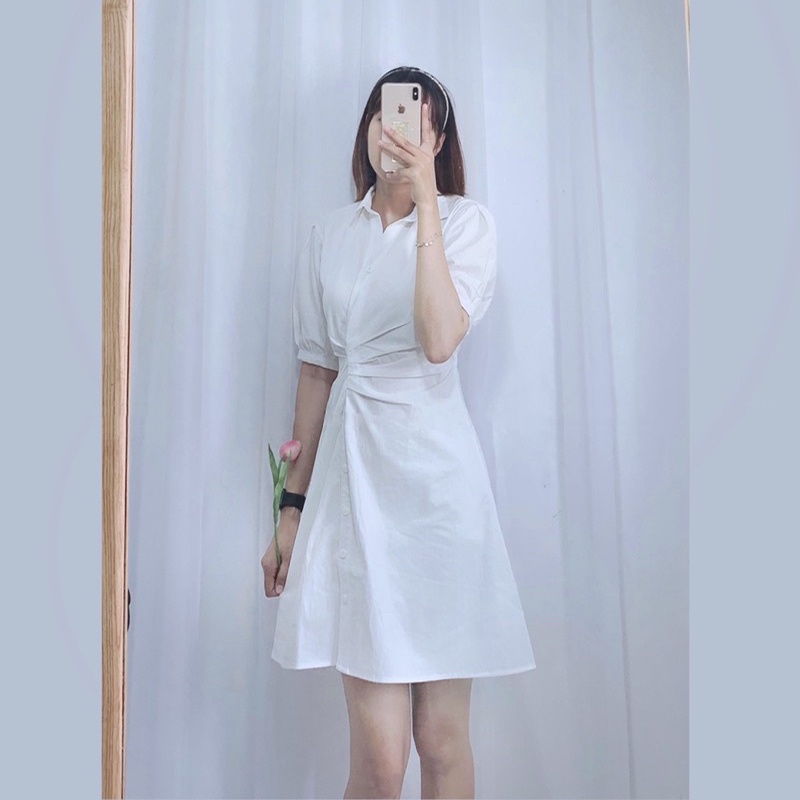 Váy trắng body cổ sơ mi ngắn chiết chun eo ulzzang bo tay cộc cúc dọc , Đầm thiết kế dự tiệc dáng dài | BigBuy360 - bigbuy360.vn