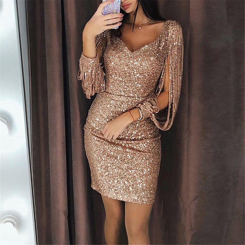Đầm Midi Tay Dài Cổ Chữ V Đính Kim Tuyến Lấp Lánh Quyến Rũ Thời Trang Cho Nữ