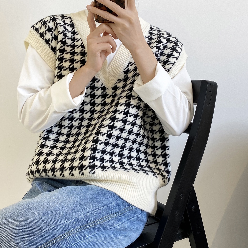 Áo Khoác Len Không Tay Cổ Chữ V Dáng Rộng Thời Trang Mùa Xuân Thu Hàn Quốc