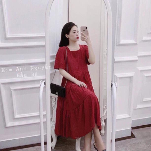 Váy Bầu xinh dáng công sở chất lụa màu đỏ(kèm video)Đầm bầu thời trang dáng dài  ྇