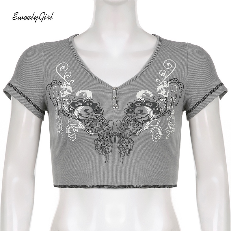 Áo Croptop Ngắn Tay Cổ Chữ V In Họa Tiết Bướm Thời Trang Đường Phố Dành Cho Nữ