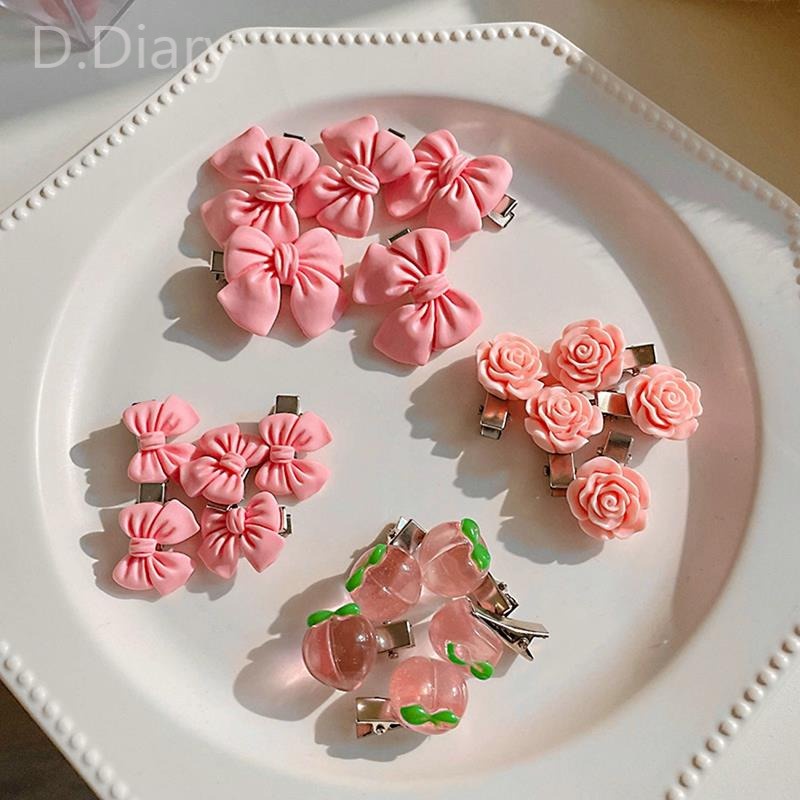 Thẻ Kẹp Tóc Hình Nơ Màu Hồng Đào Phối Hoa Hồng Trắng Phong Cách Nhật Bản Dành Cho Bé Gái