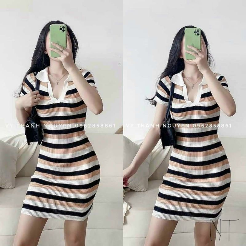 Váy len đầm len body cộc tay cổ bẻ kẻ ngang