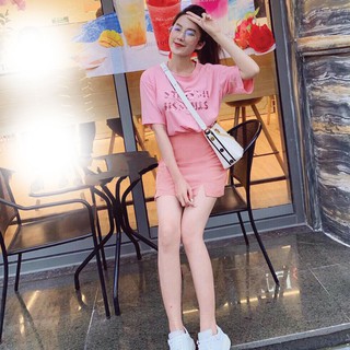 Set Áo Thun Phối Chữ Kim Sa Kèm Chân Váy Hồng Siêu Cute
