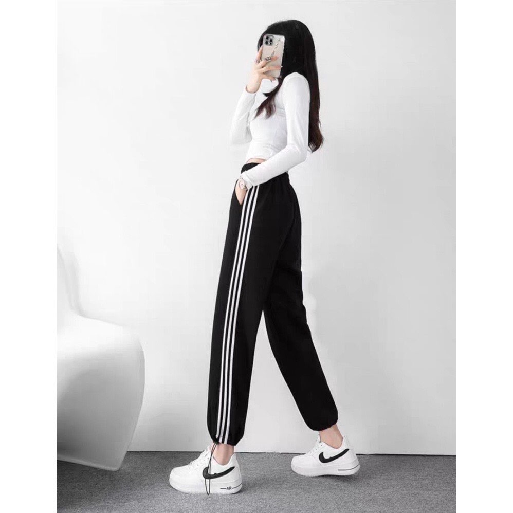 Quần dài nữ jogger ống rộng 3 sọc dài Có dây rút 2 bên phong cách trẻ trung năng động kiểu dáng thể thao MISS GIRL