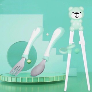 Sét đũa thìa dĩa tập ăn cho bé, sét đũa thìa dĩa inox Hàn Quốc cao cấp_Happybear