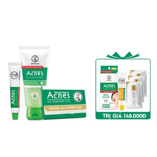 Bộ sản phẩm Acnes kiểm soát dầu dành cho da dầu/da hỗn hợp+Tặng miếng dán mụn&Gel mờ thâm Acnes+3 Gói chống nắng Sunplay