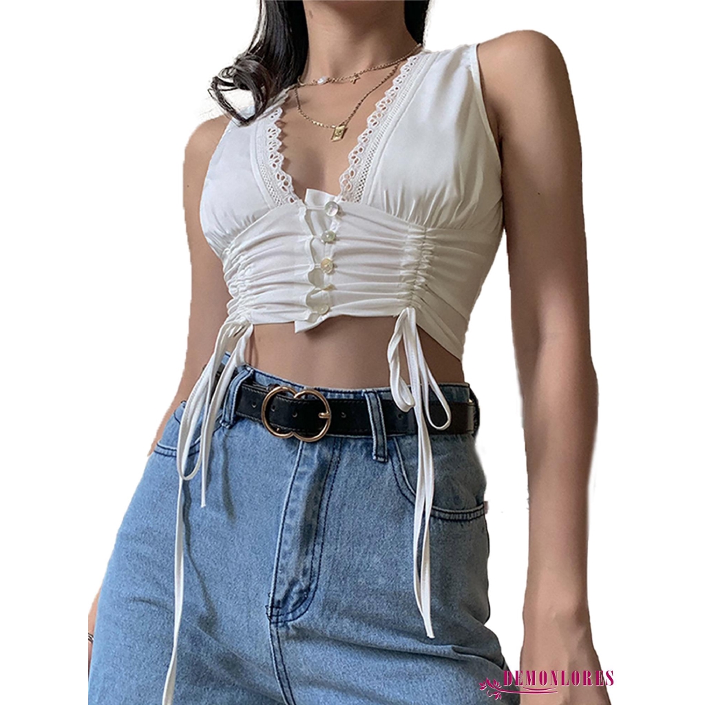 Áo crop top sát nách cổ V viền ren thiết kế dây rút thời trang cho nữ