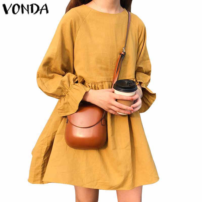 Đầm ngắn VONDA tay dài xếp nếp 1 màu thời trang ngày nghỉ cho nữ