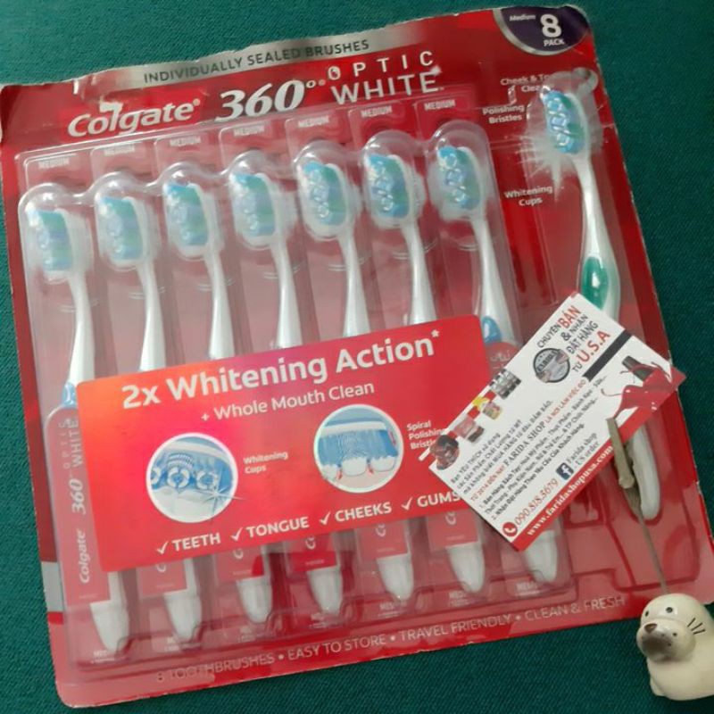 BỘ 4 CÂY BÀN CHẢI ĐÁNH RĂNG COLGATE 360 OPTIC WHITE TỪ MỸ. MEDIUM lông bàn chải mềm.
