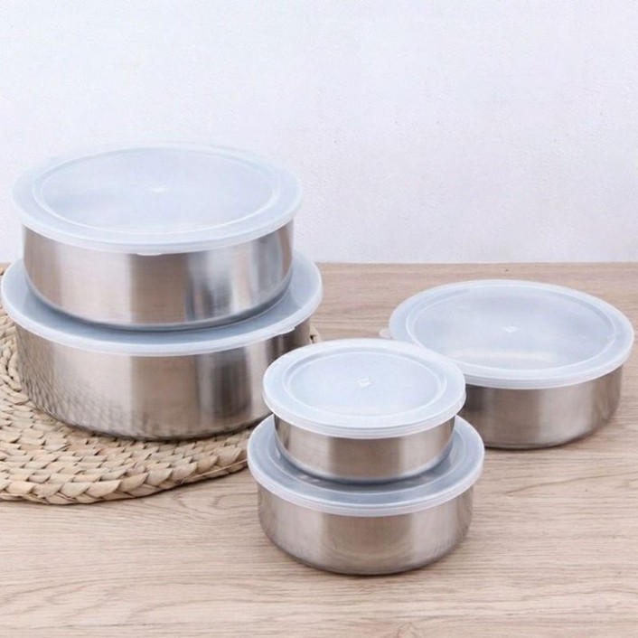 Set 5 bát inox đựng thức ăn có nắp đậy silicon