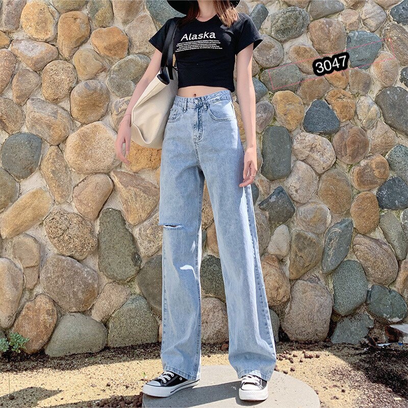 [HÌNH THẬT] QUẦN JEAN DÀI ỐNG RỘNG LƯNG CAO RÁCH - QUẦN BÒ NỮ CULOTTES SUÔNG N - T 36