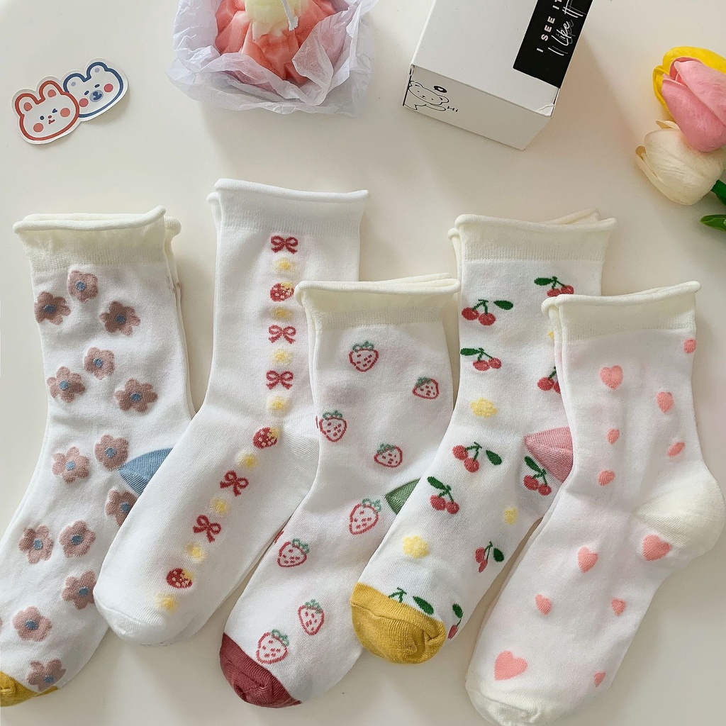 TL117 Tất vớ nữ cổ cao hình thêu hoa trái cây tiểu thư Lolita dễ thương
