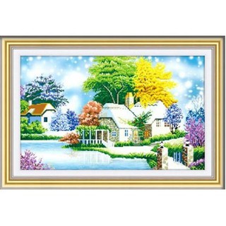 tranh đính đá phong cảnh ngôi nhà hạnh phúc kt 85x55cm