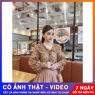 Áo Sơ Mi Nữ Thiết Kế 🎉️FREESHIP️🎉Giảm 30k Khi Nhập Mã [EMILY] Sơ Mi Nữ Lụa Họa Tiết Chấm Bi Nâu